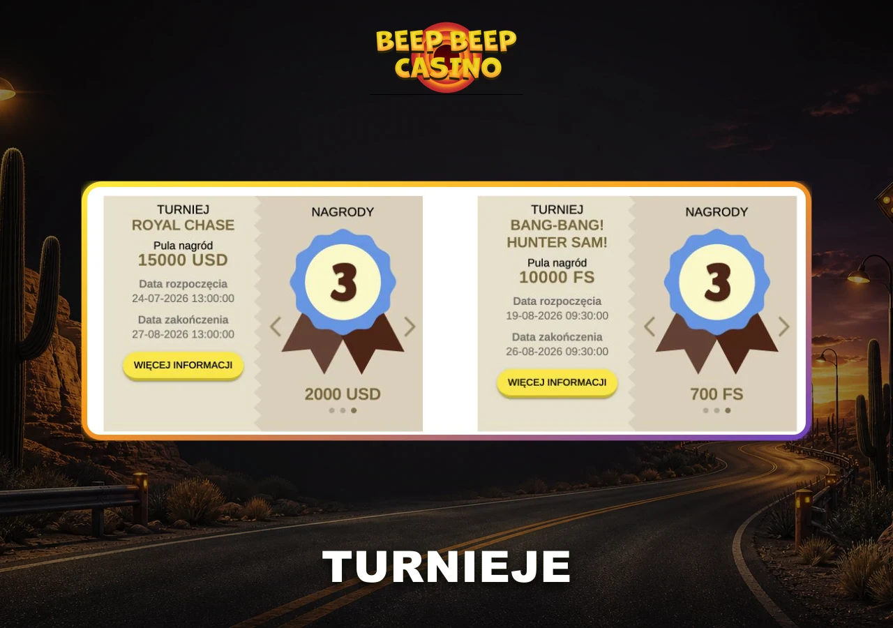 Turnieje Beep Beep Casino z aktualnymi pulami nagród i klasyfikacją uczestników.