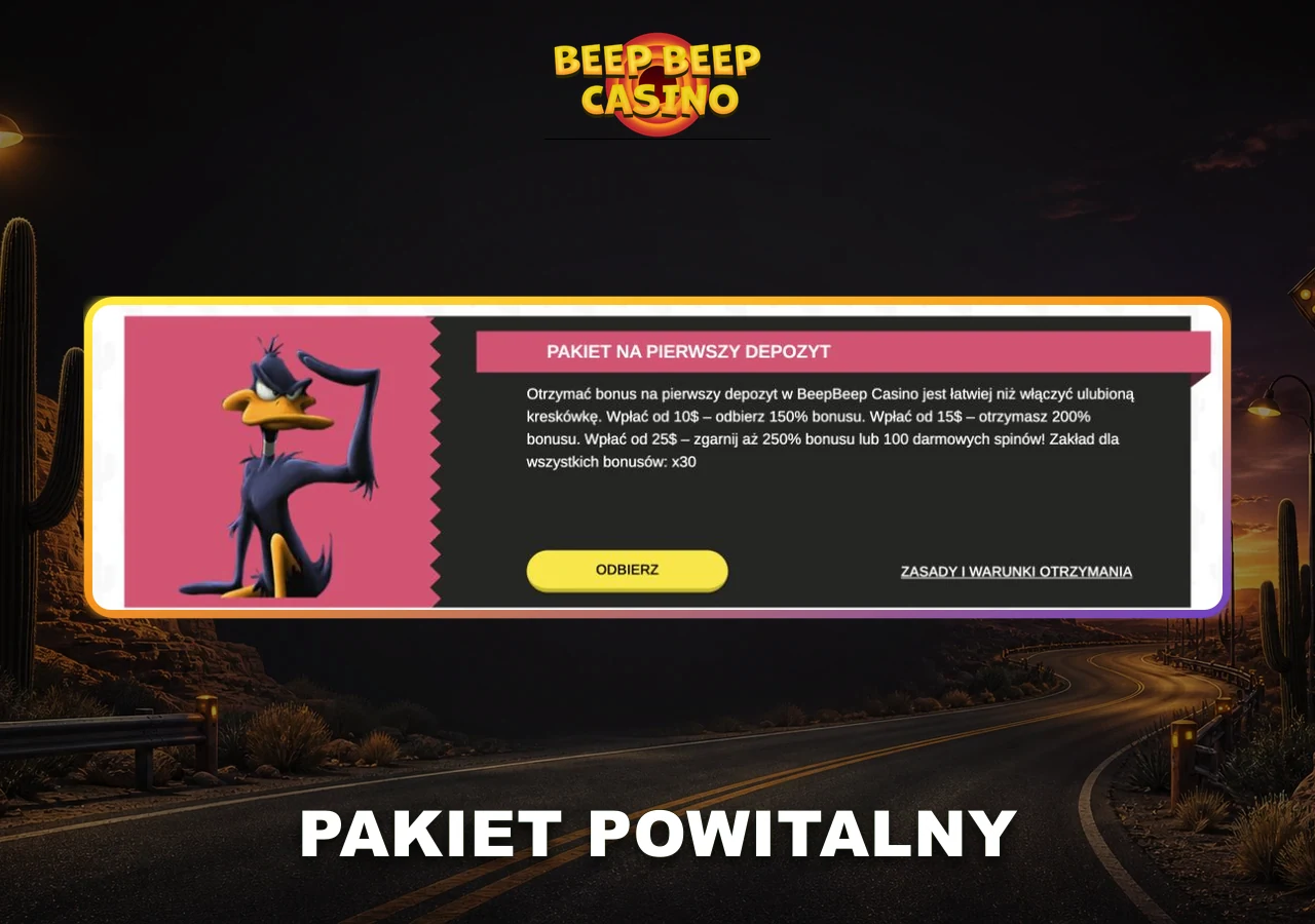 Die erste Stufe des Willkommenspakets von Beep Beep Casino zusammen mit den verfügbaren Varianten der Belohnung.