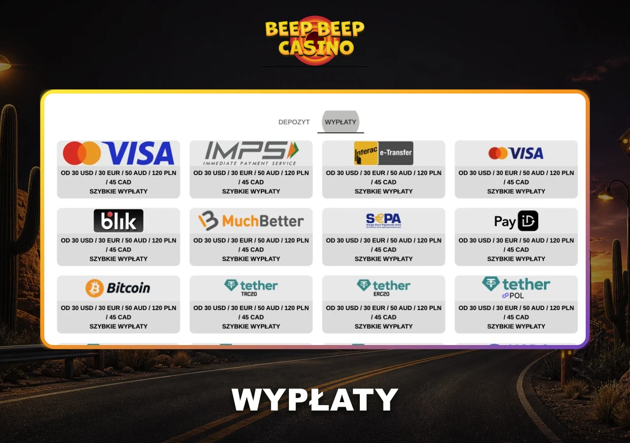 Auszahlungsmethoden des Beep Beep Casinos mit Schwellenwerten und Bearbeitungszeiten.
